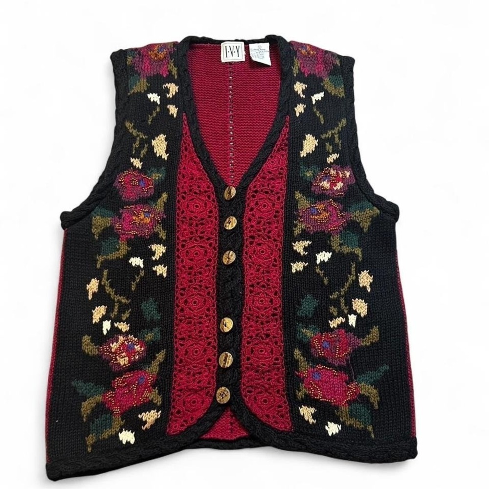 Vintage IVY knitted cottage core granny floral sweater vest size large